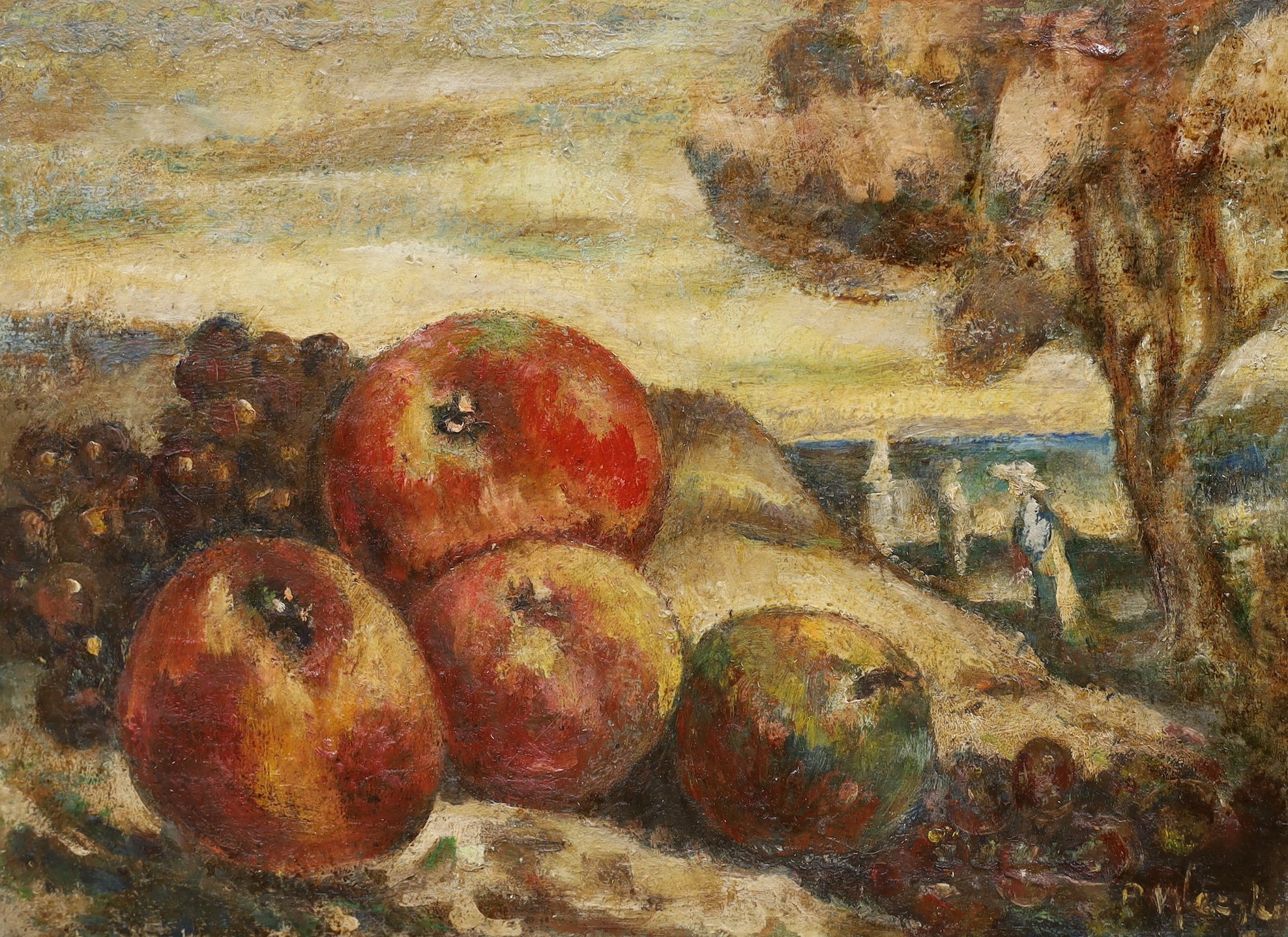 Piotr Mleczko (Polish, 1919-95), threes oil on canvas, Still life of fruit, King and attendants, and Guitarist, one signed, 29 x 39cm, 20 x 27cm and 35 x 25cm